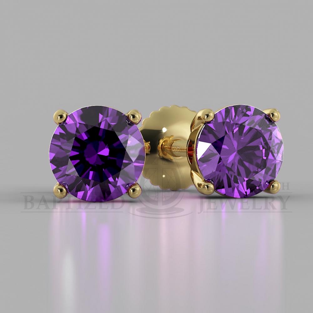 Amethyst Round Cut Earrings (2 X 0.5 Ct) - 14K Yellow Gold