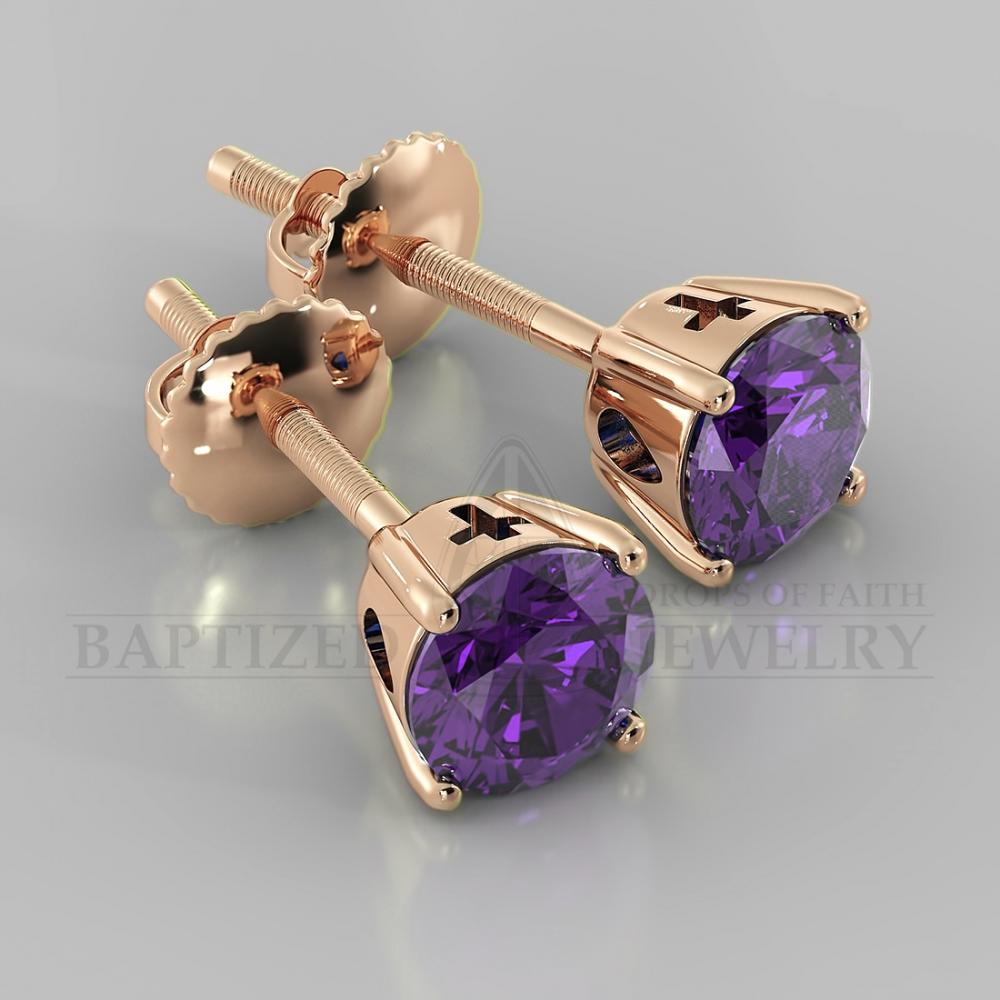 Amethyst Round Cut Earrings (2 X 0.5 Ct) - 14K Rose Gold