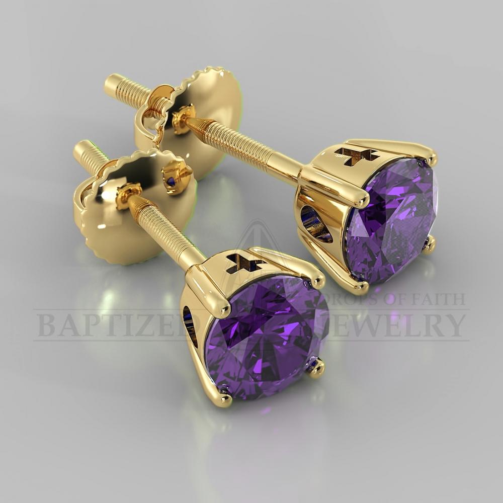 Amethyst Round Cut Earrings (2 X 0.5 Ct) - 14K Yellow Gold