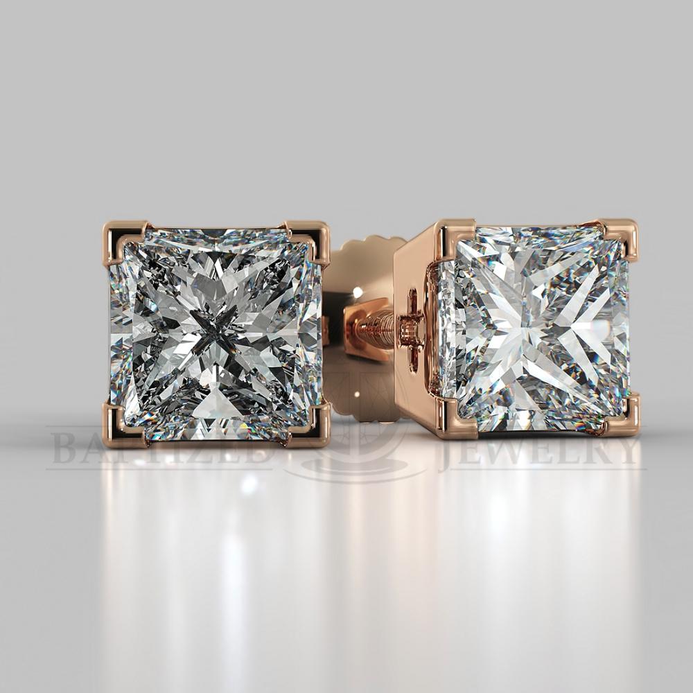 Natural Diamond Princess Cut Earrings (2 X 0.4 Ct) - 14K Rose Gold