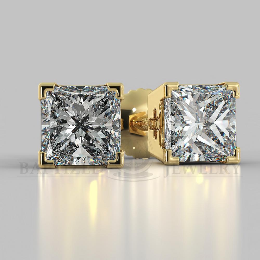 Natural Diamond Princess Cut Earrings (2 X 0.4 Ct) - 14K Yellow Gold