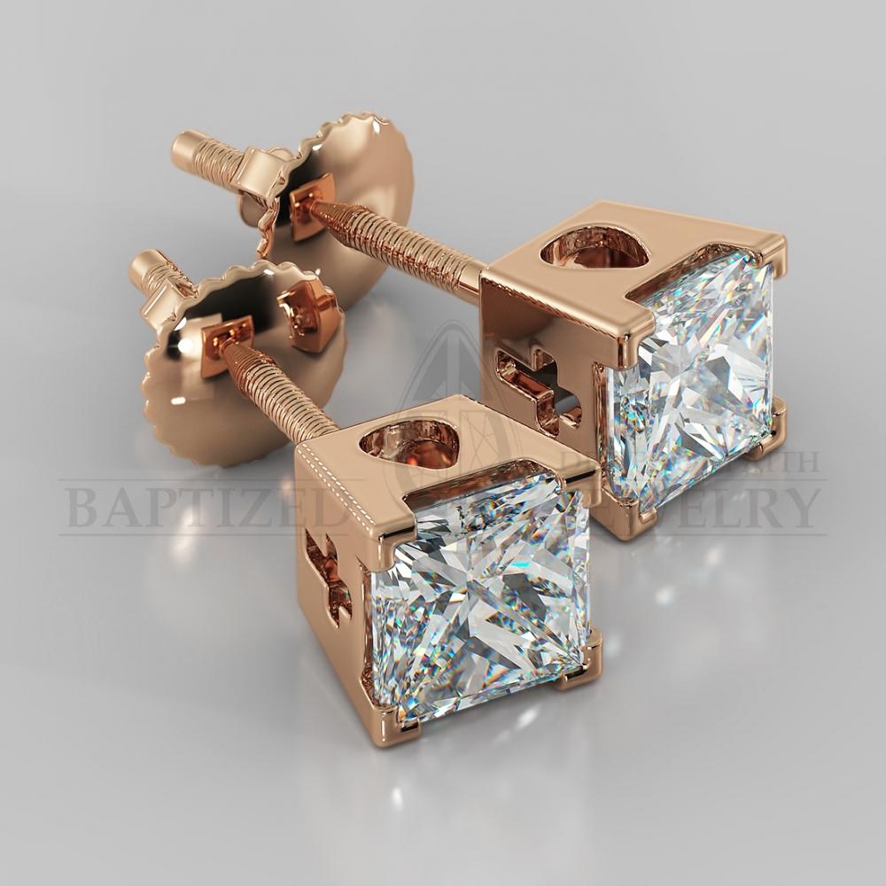 Natural Diamond Princess Cut Earrings (2 X 0.4 Ct) - 14K Rose Gold