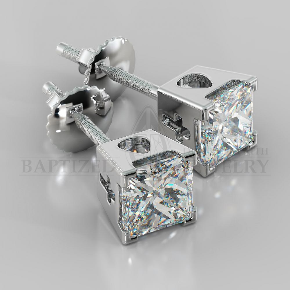 Natural Diamond Princess Cut Earrings (2 X 0.4 Ct) - 14K White Gold