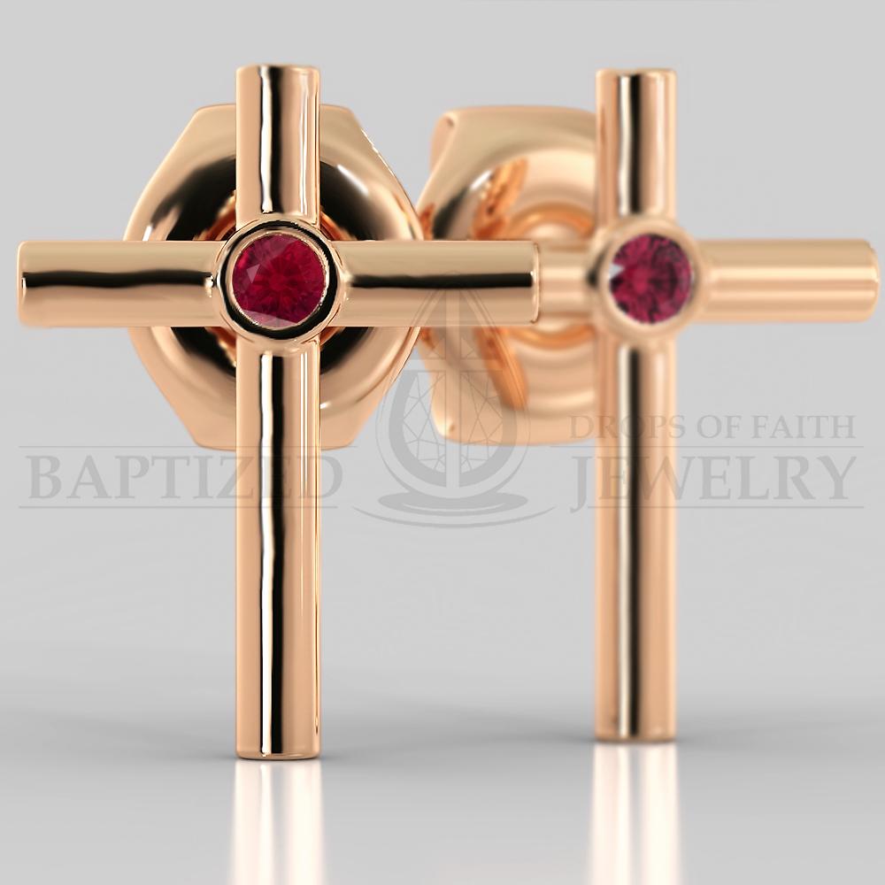 Ruby Simple Cross Earrings (2 X 0.04 Ct) - 14K Rose Gold