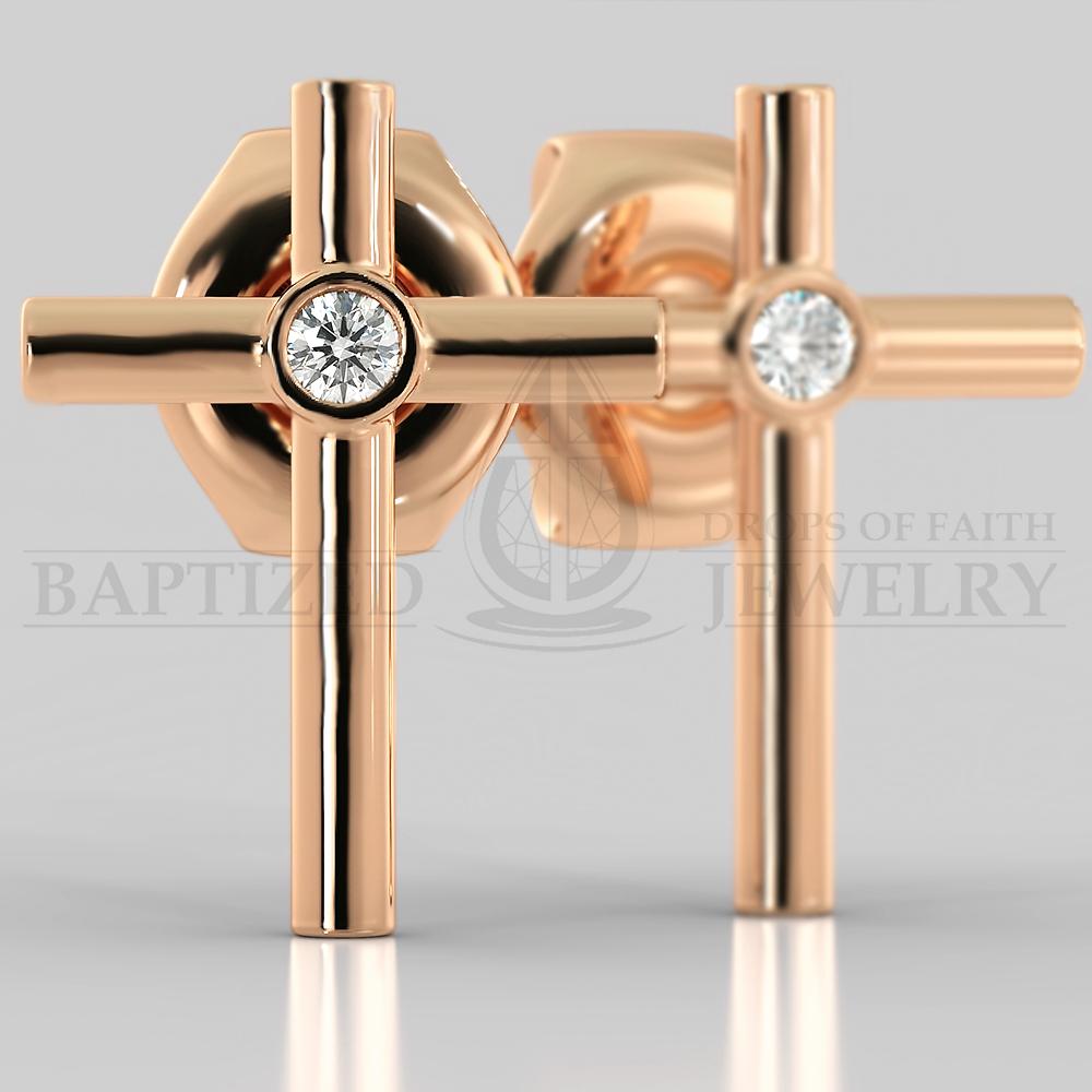 Naturald Diamond Simple Cross Earrings (2 X 0.04 Ct) - 14K Rose Gold
