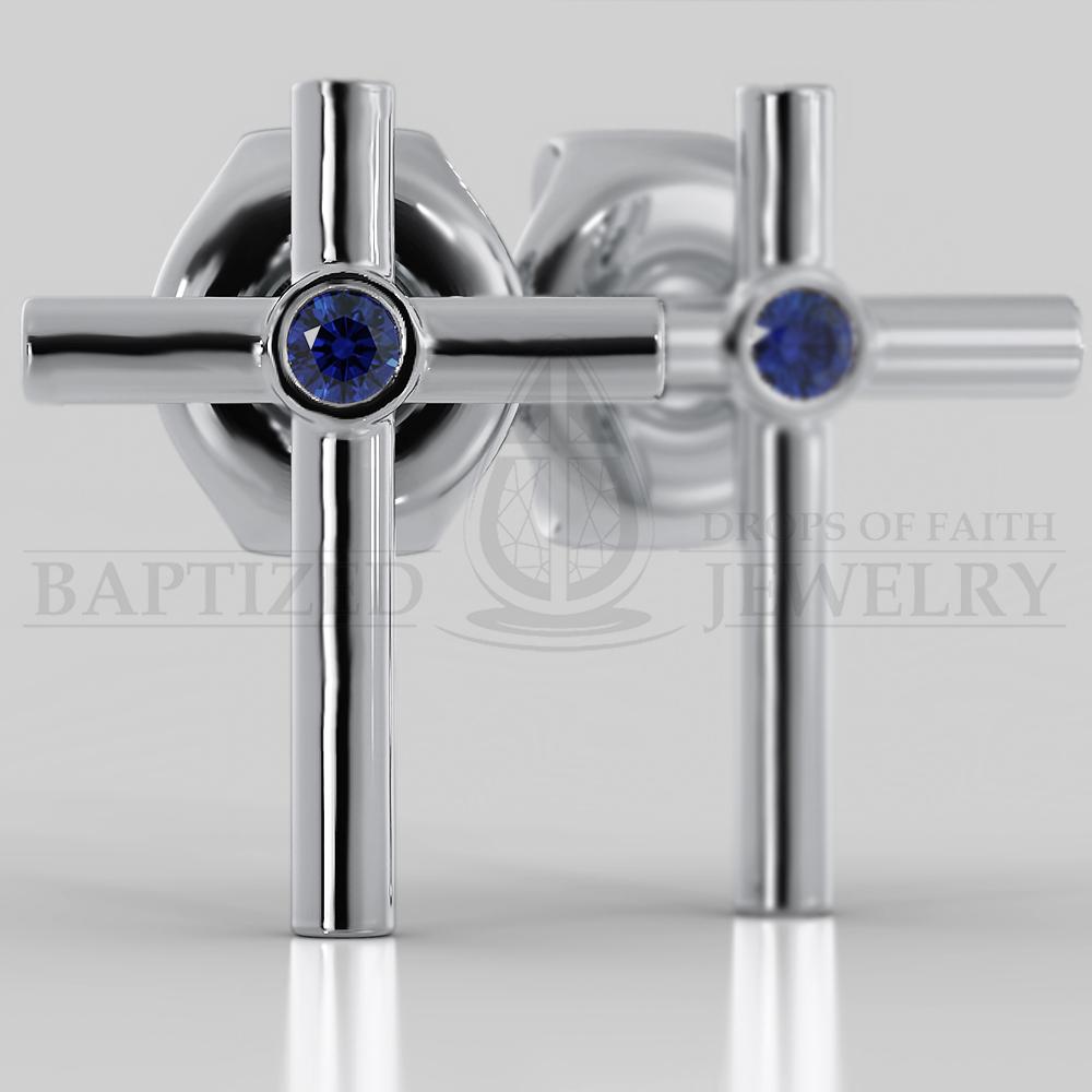 Blue Sapphire Simple Cross Earrings (2 X 0.04 Ct) - 14K White Gold