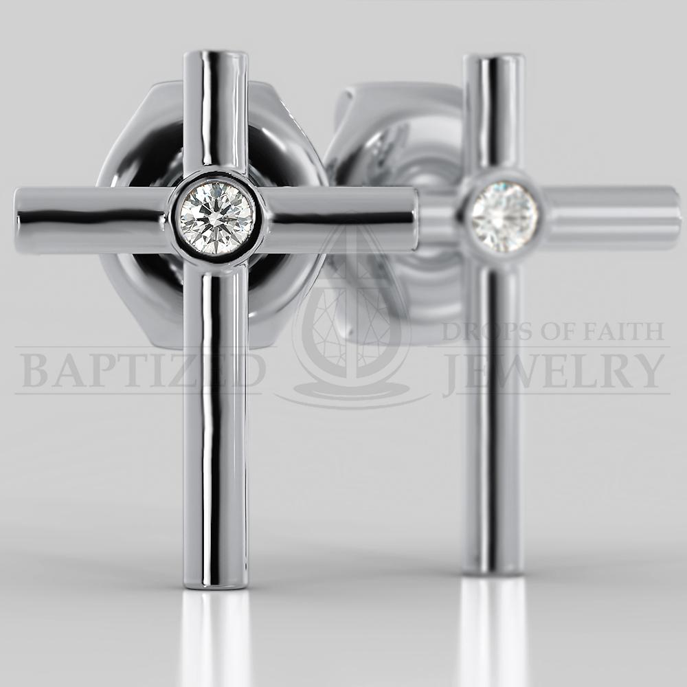 Naturald Diamond Simple Cross Earrings (2 X 0.04 Ct) - 14K White Gold