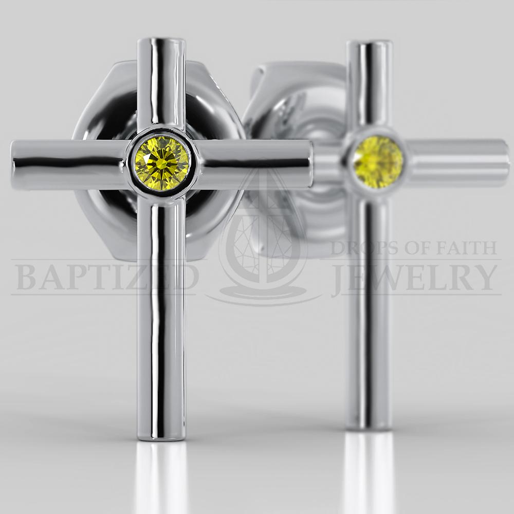 Fancy Yellow Diamond Simple Cross Earrings (2 X 0.04 Ct) - 14K White Gold