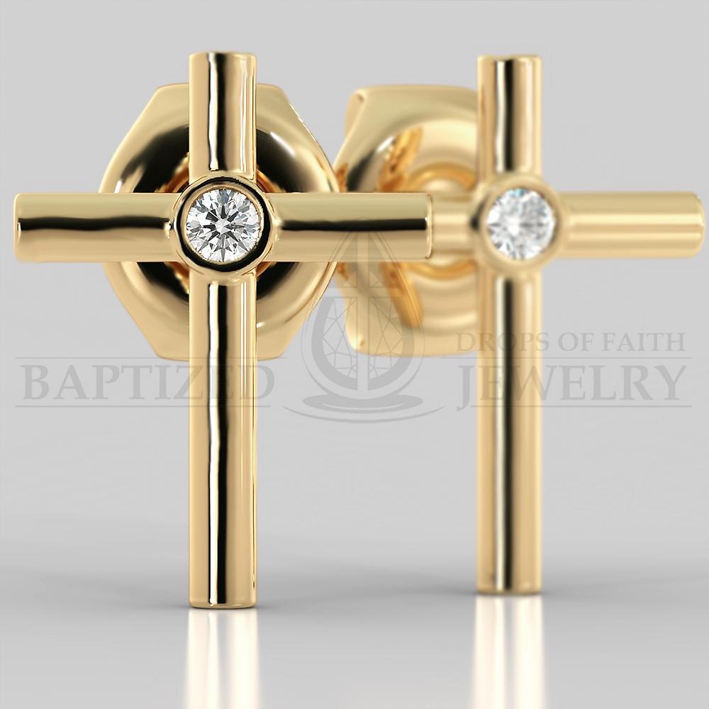 Naturald Diamond Simple Cross Earrings (2 X 0.04 Ct) - 14K Yellow Gold