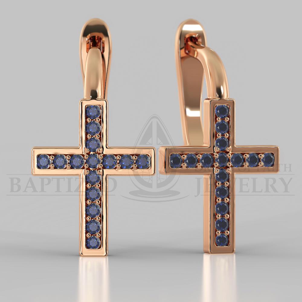 Blue Sapphire Classic Cross Earrings  - 14K Rose Gold