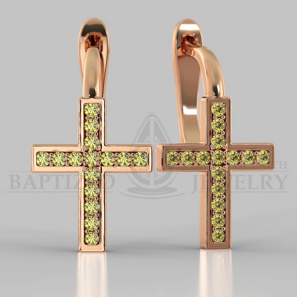Fancy Yellow Diamond Classic Cross Earrings  - 14K Rose Gold