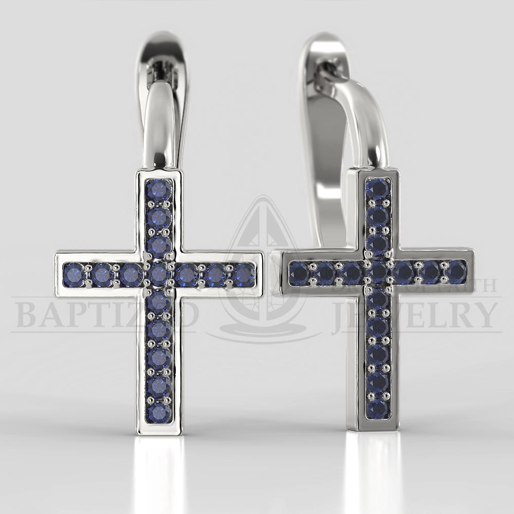 Blue Sapphire Classic Cross Earrings  - 14K White Gold