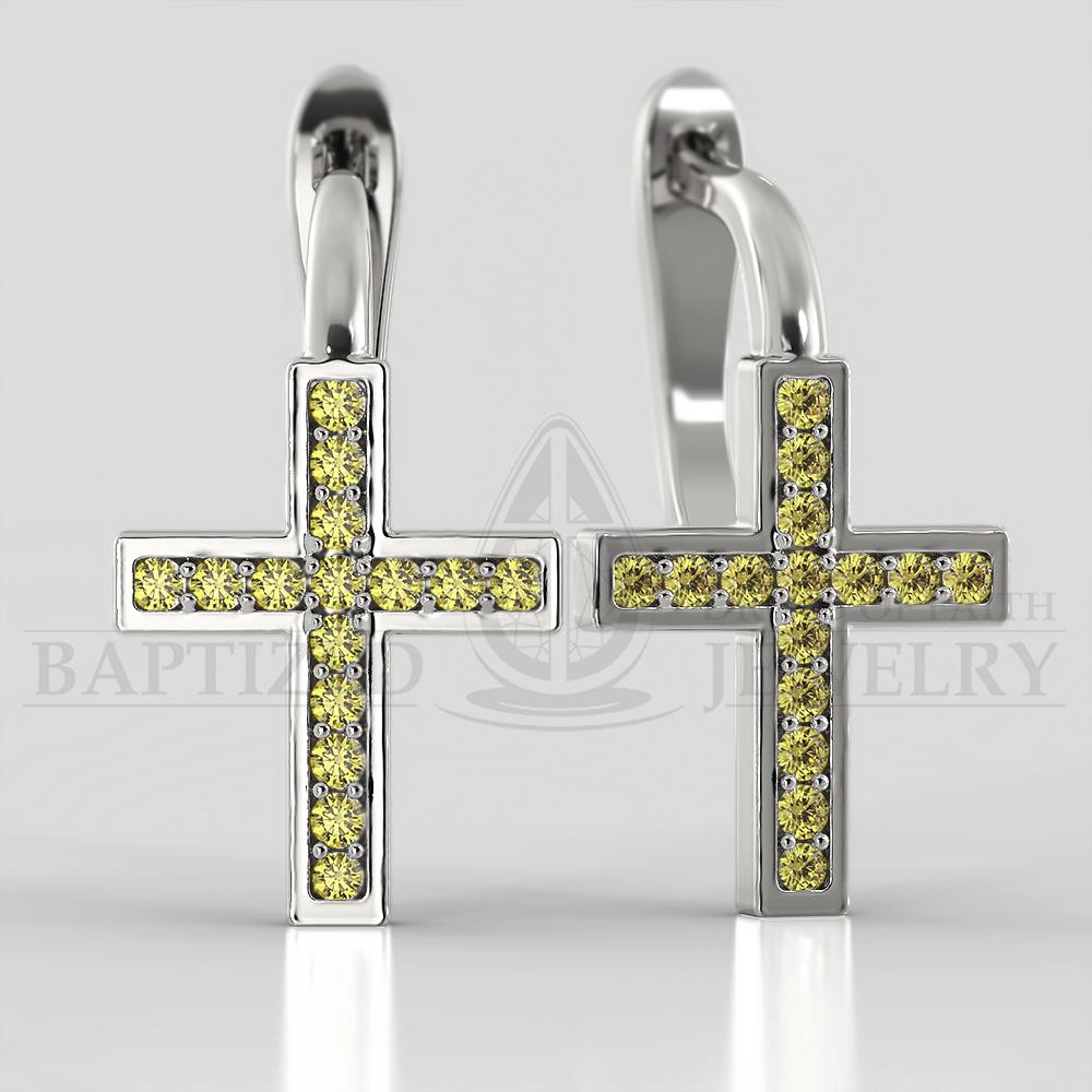 Fancy Yellow Diamond Classic Cross Earrings  - 14K White Gold