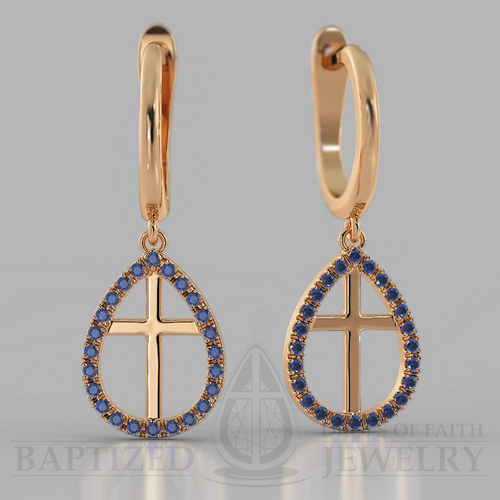 Blue Sapphire Enclosed Cross Earrings  - 14K Rose Gold