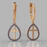 Blue Sapphire Enclosed Cross Earrings  - 14K Rose Gold