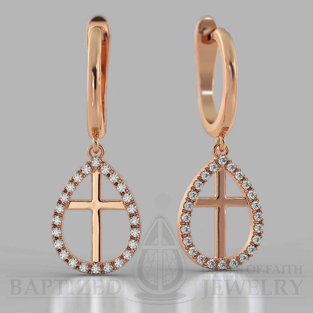 Natural Diamond Enclosed Cross Earrings  - 14K Rose Gold