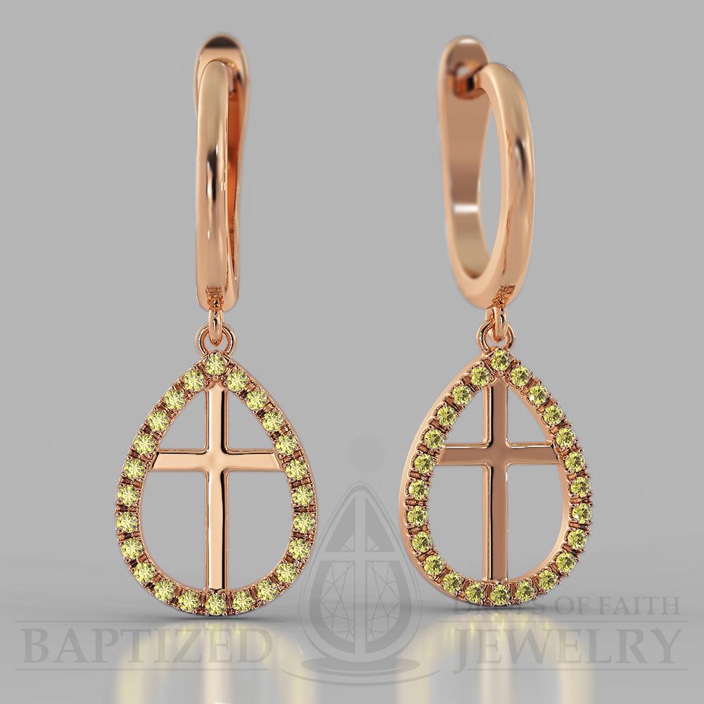 Fancy Yellow Diamond Enclosed Cross Earrings  - 14K Rose Gold