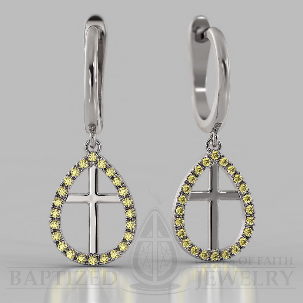 Fancy Yellow Diamond Enclosed Cross Earrings  - 14K White Gold