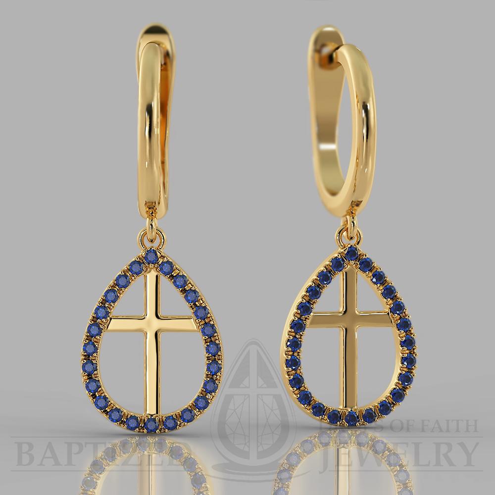 Blue Sapphire Enclosed Cross Earrings  - 14K Yellow Gold
