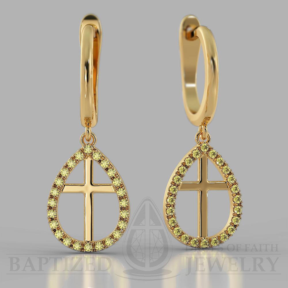 Fancy Yellow Diamond Enclosed Cross Earrings  - 14K Yellow Gold
