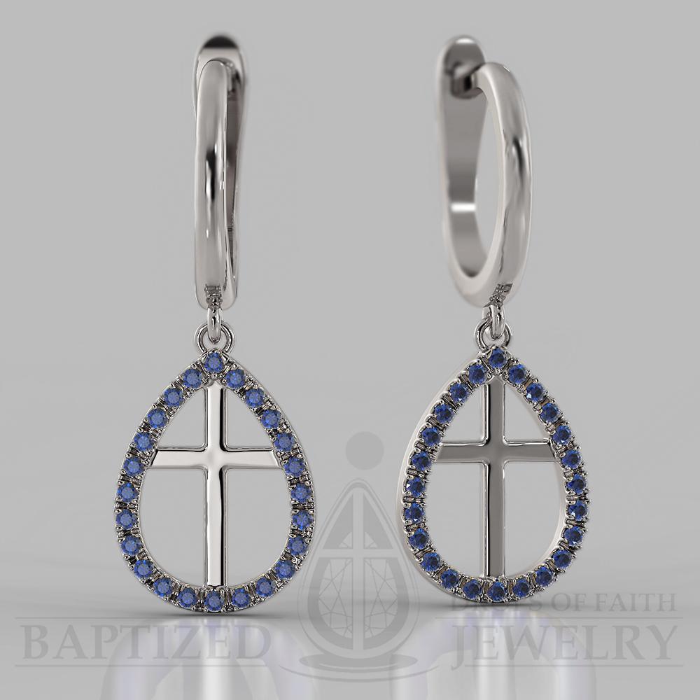 Blue Sapphire Enclosed Cross Earrings - 14K White Gold