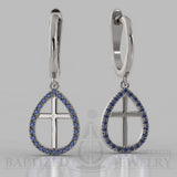 Blue Sapphire Enclosed Cross Earrings - 14K White Gold