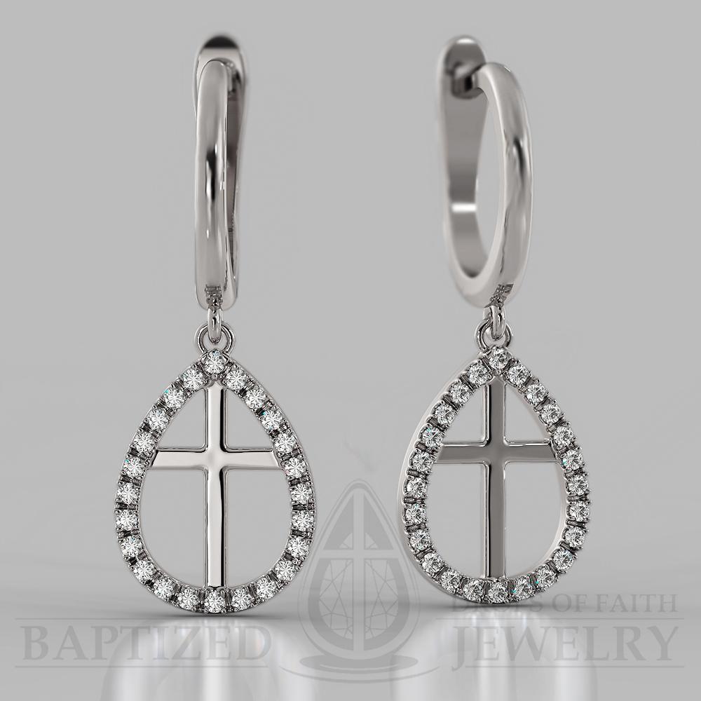 Natural Diamond Enclosed Cross Earrings  - 14K White Gold