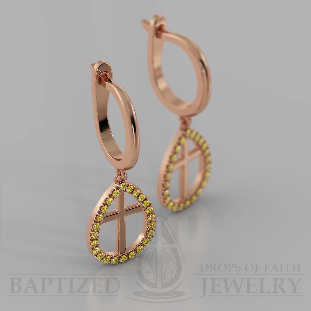 Fancy Yellow Diamond Enclosed Cross Earrings  - 14K Yellow Gold