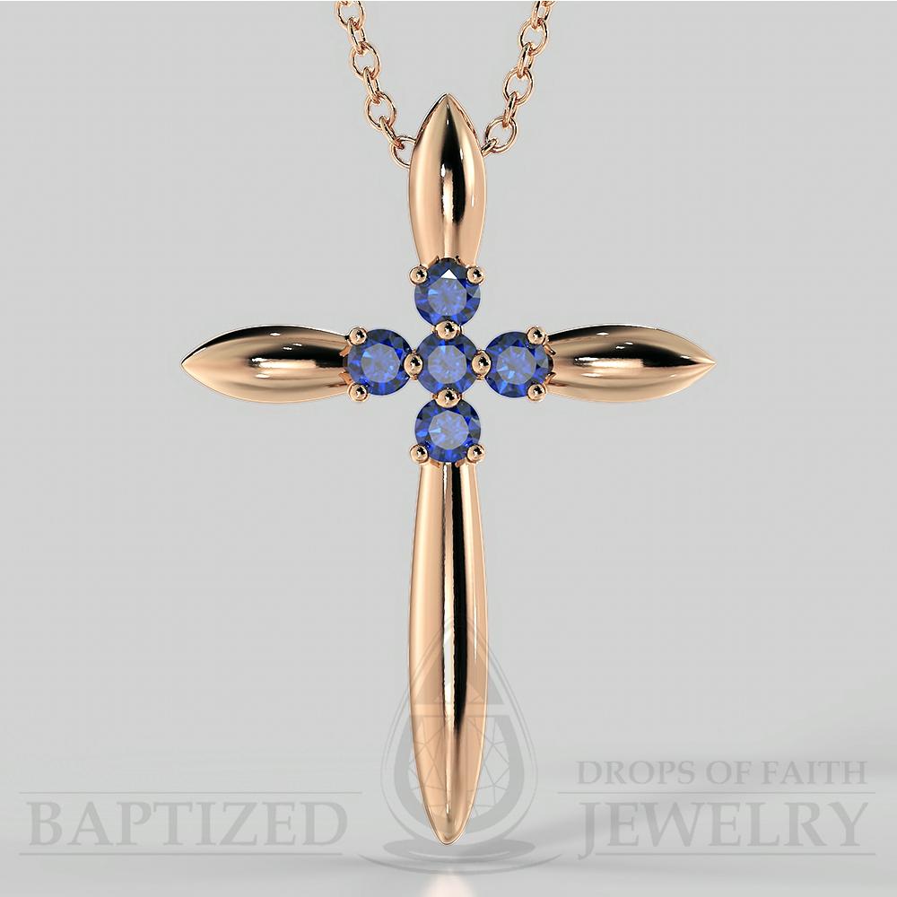 Blue Sapphire Slender Cross Pendant In 14K Gold (0.15 Ctw) - 14K Rose Gold