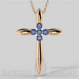 Blue Sapphire Slender Cross Pendant In 14K Gold (0.15 Ctw) - 14K Rose Gold