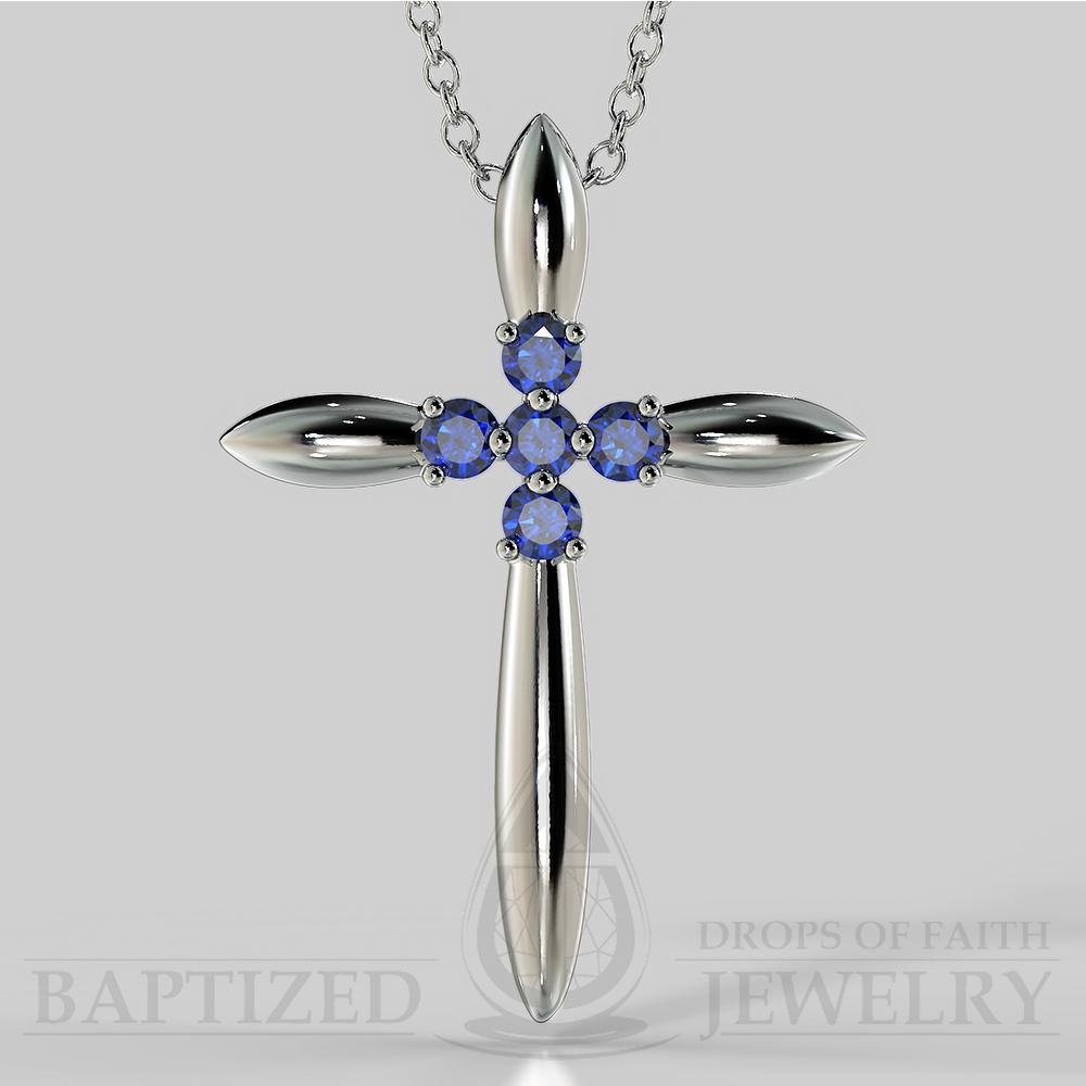 Blue Sapphire Slender Cross Pendant In 14K Gold (0.15 Ctw) - 14K White Gold