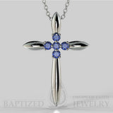 Blue Sapphire Slender Cross Pendant In 14K Gold (0.15 Ctw) - 14K White Gold