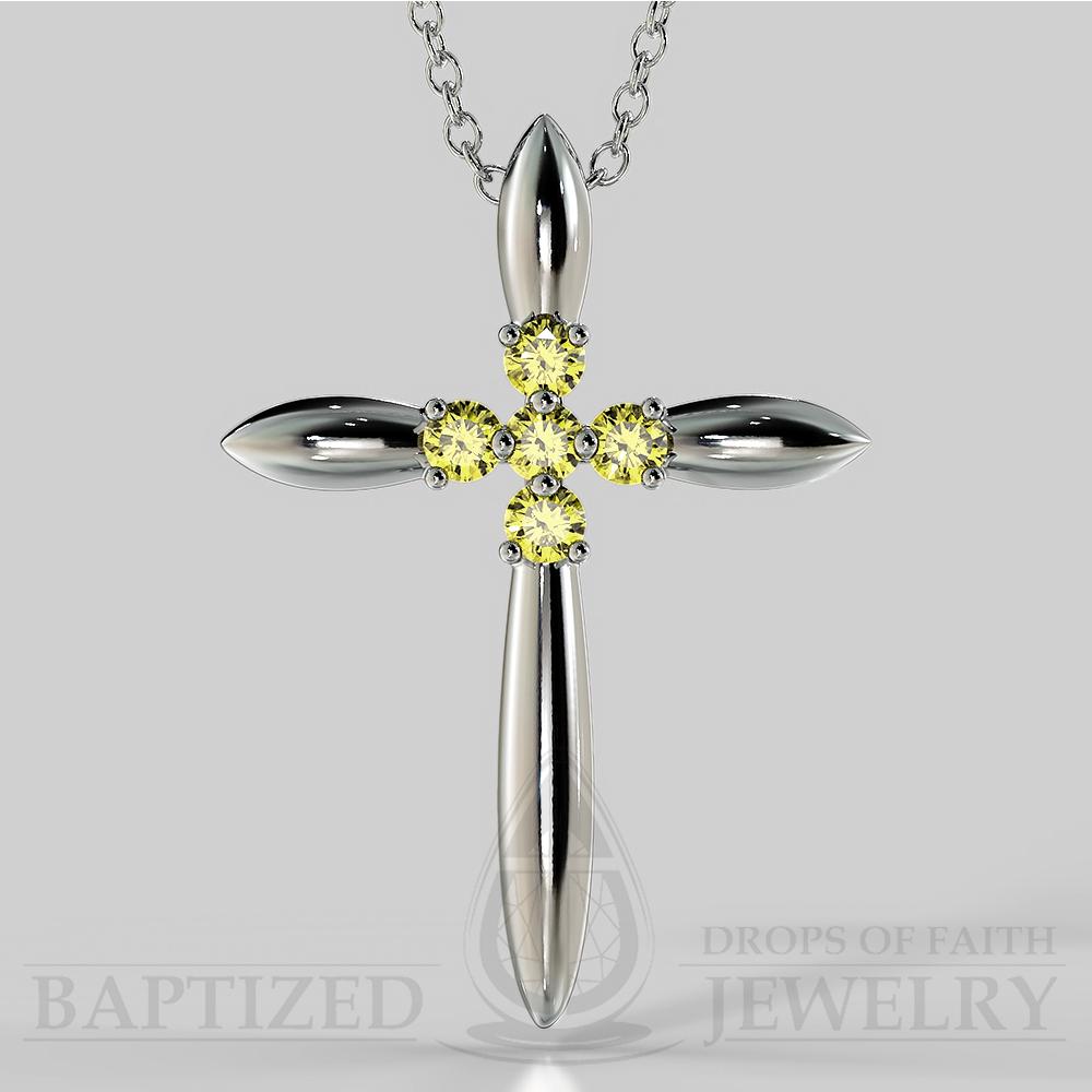 Fancy Yellow Diamonds Slender Cross Pendant In 14K Gold (0.15 Ctw) - 14K White Gold