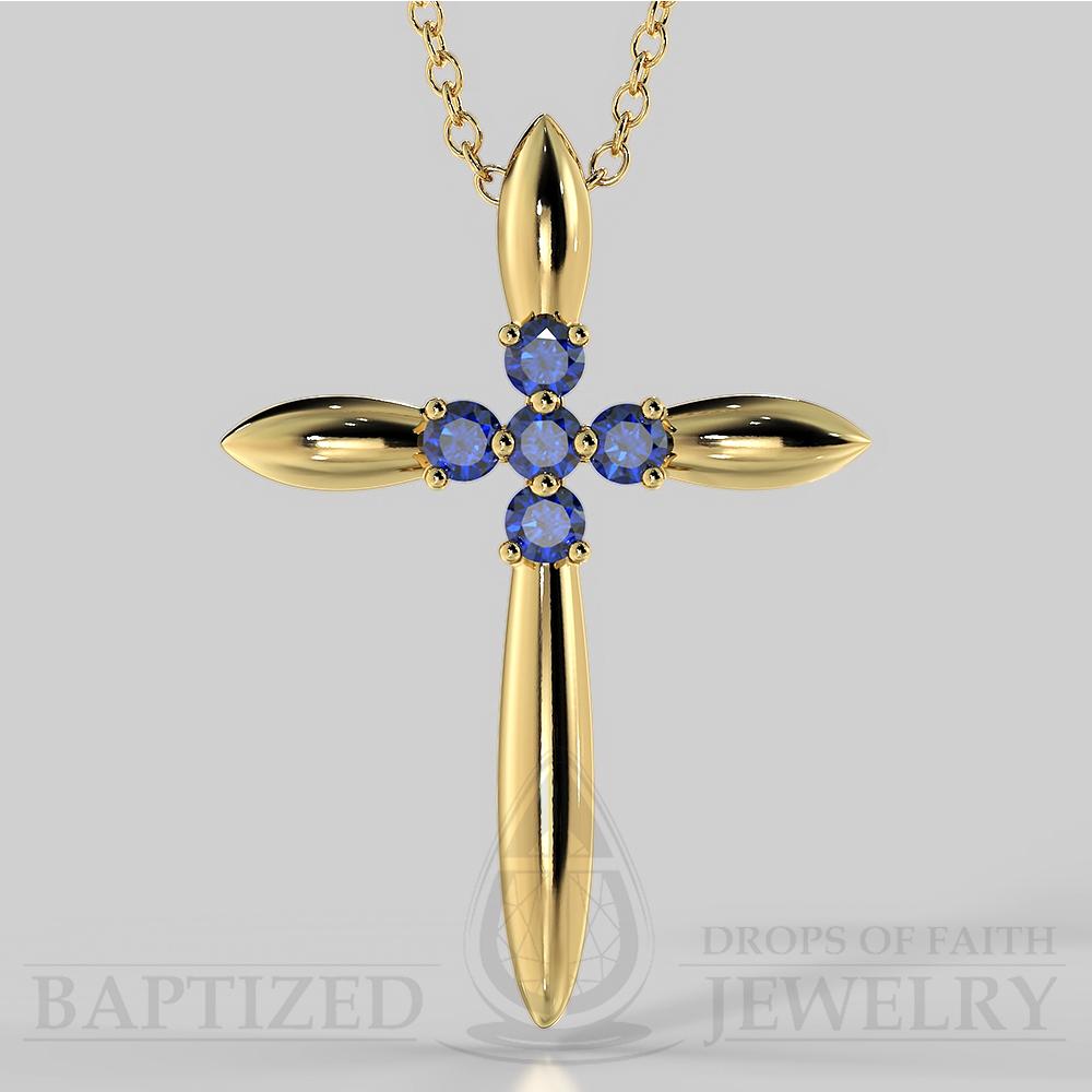 Blue Sapphire Slender Cross Pendant In 14K Gold (0.15 Ctw) - 14K Yellow Gold