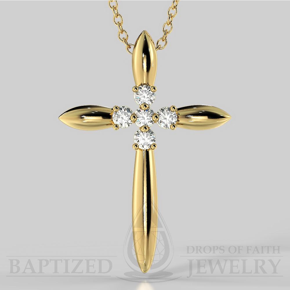 Natural Diamonds Slender Cross Pendant In 14K Gold (0.15 Ctw) - 14K Yellow Gold