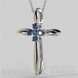 Blue Sapphire Slender Cross Pendant In 14K Gold (0.15 Ctw) - 14K White Gold