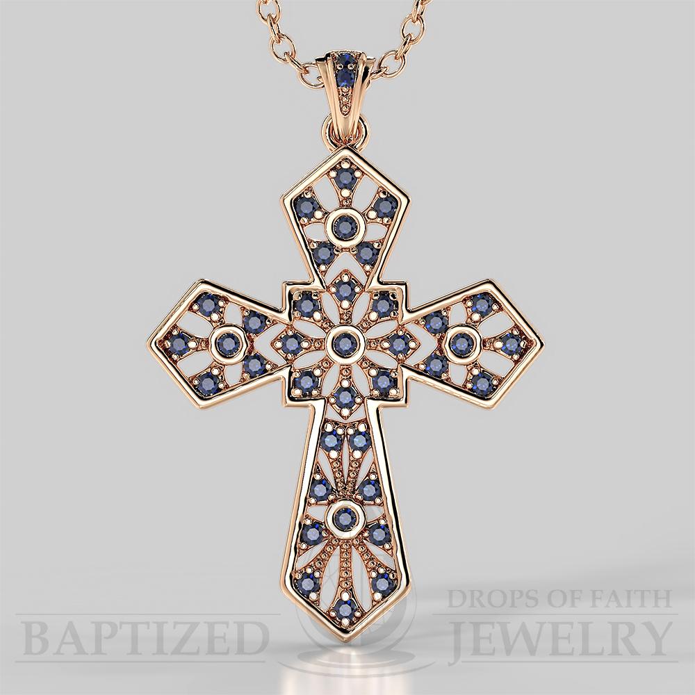 Blue Sapphire Wide Cross Pendant In 14K Gold (0.35 Ctw) - 14K Rose Gold