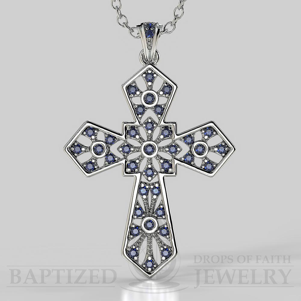 Blue Sapphire Wide Cross Pendant In 14K Gold (0.35 Ctw) - 14K White Gold