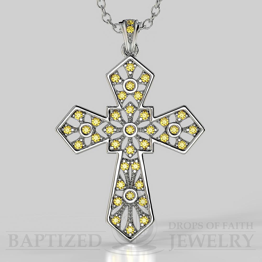 Fancy Yellow Diamonds Wide Cross Pendant In 14K Gold (0.35 Ctw) - 14K White Gold