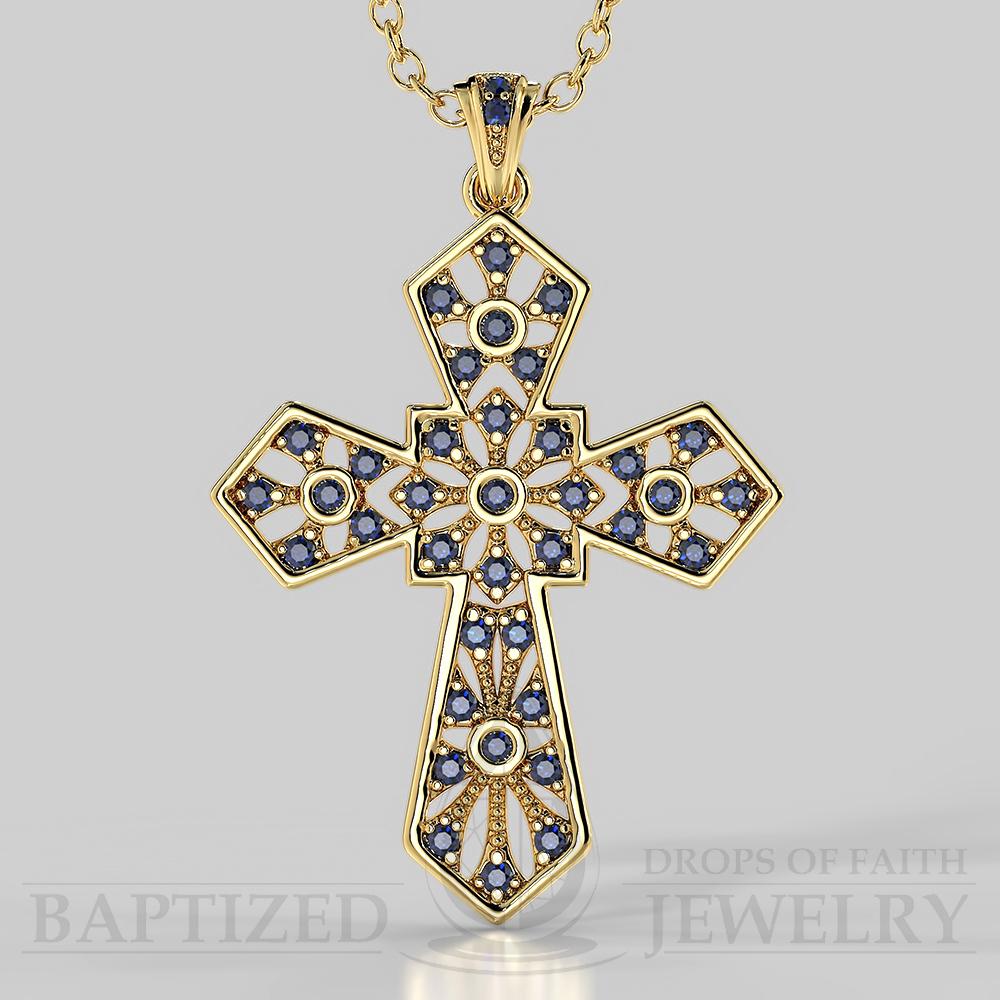 Blue Sapphire Wide Cross Pendant In 14K Gold (0.35 Ctw) - 14K Yellow Gold