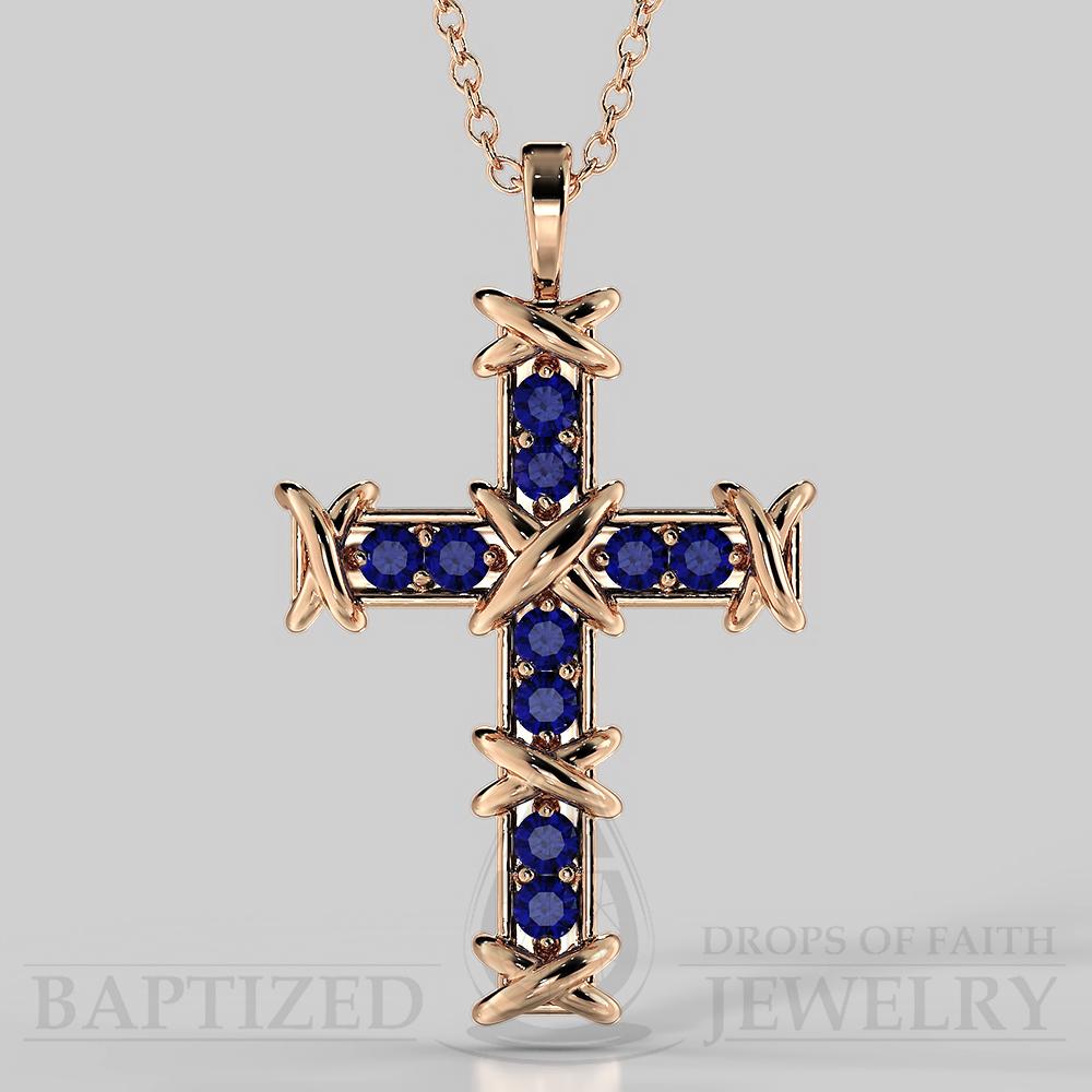 Blue Sapphire Knotted Cross Pendant In 14K Gold (0.35 Ctw) - 14K Rose Gold
