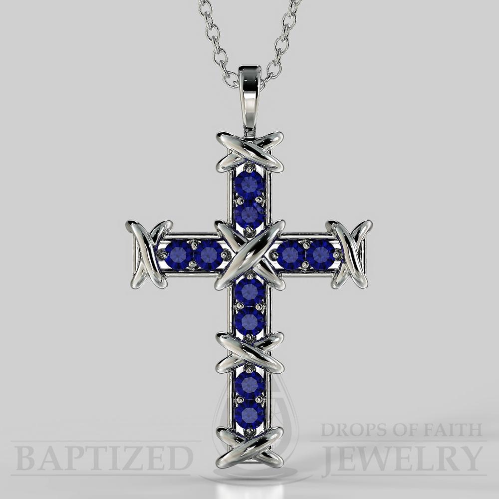 Blue Sapphire Knotted Cross Pendant In 14K Gold (0.35 Ctw) - 14K White Gold