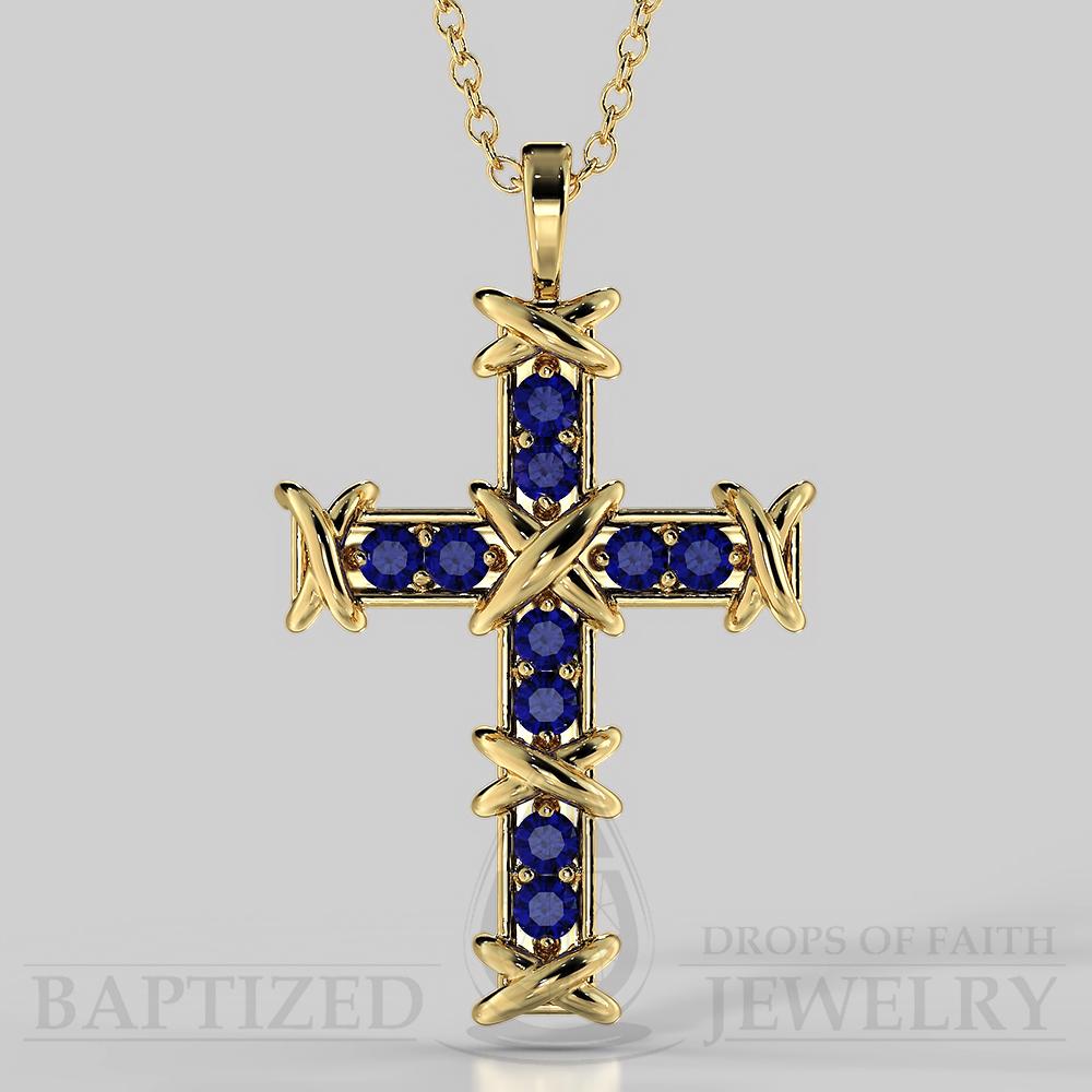 Blue Sapphire Knotted Cross Pendant In 14K Gold (0.35 Ctw) - 14K Yellow Gold