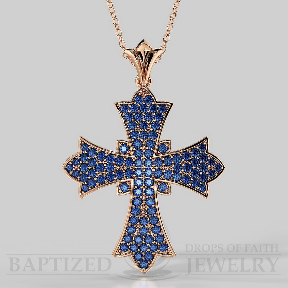 Blue Sapphire Wide Full Cross Pendant In 14K Gold (1.08 Ctw) - 14K Rose Gold
