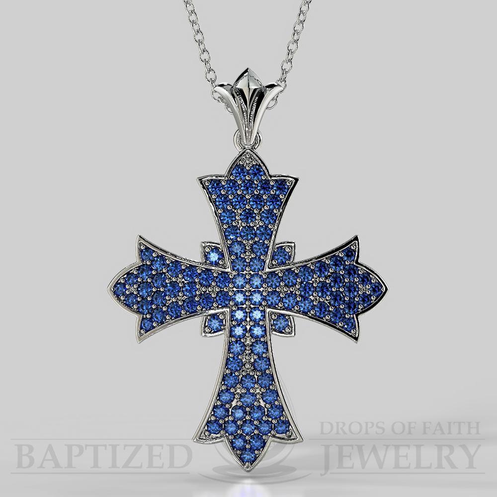 Blue Sapphire Wide Full Cross Pendant In 14K Gold (1.08 Ctw) - 14K White Gold