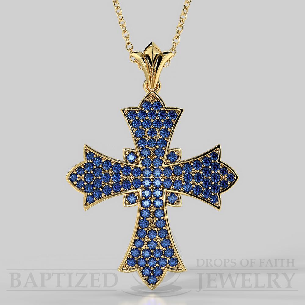 Blue Sapphire Wide Full Cross Pendant In 14K Gold (1.08 Ctw) - 14K Yellow Gold