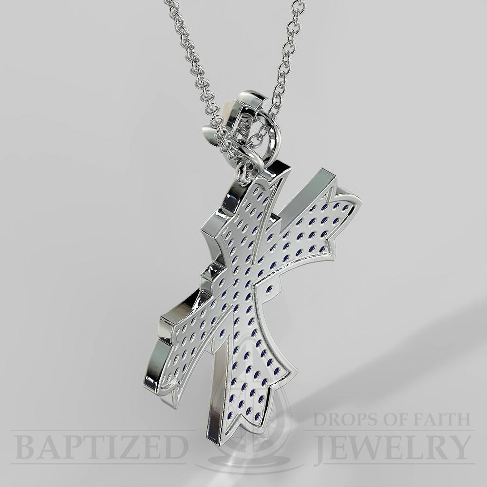 Blue Sapphire Wide Full Cross Pendant In 14K Gold (1.08 Ctw) - 14K White Gold