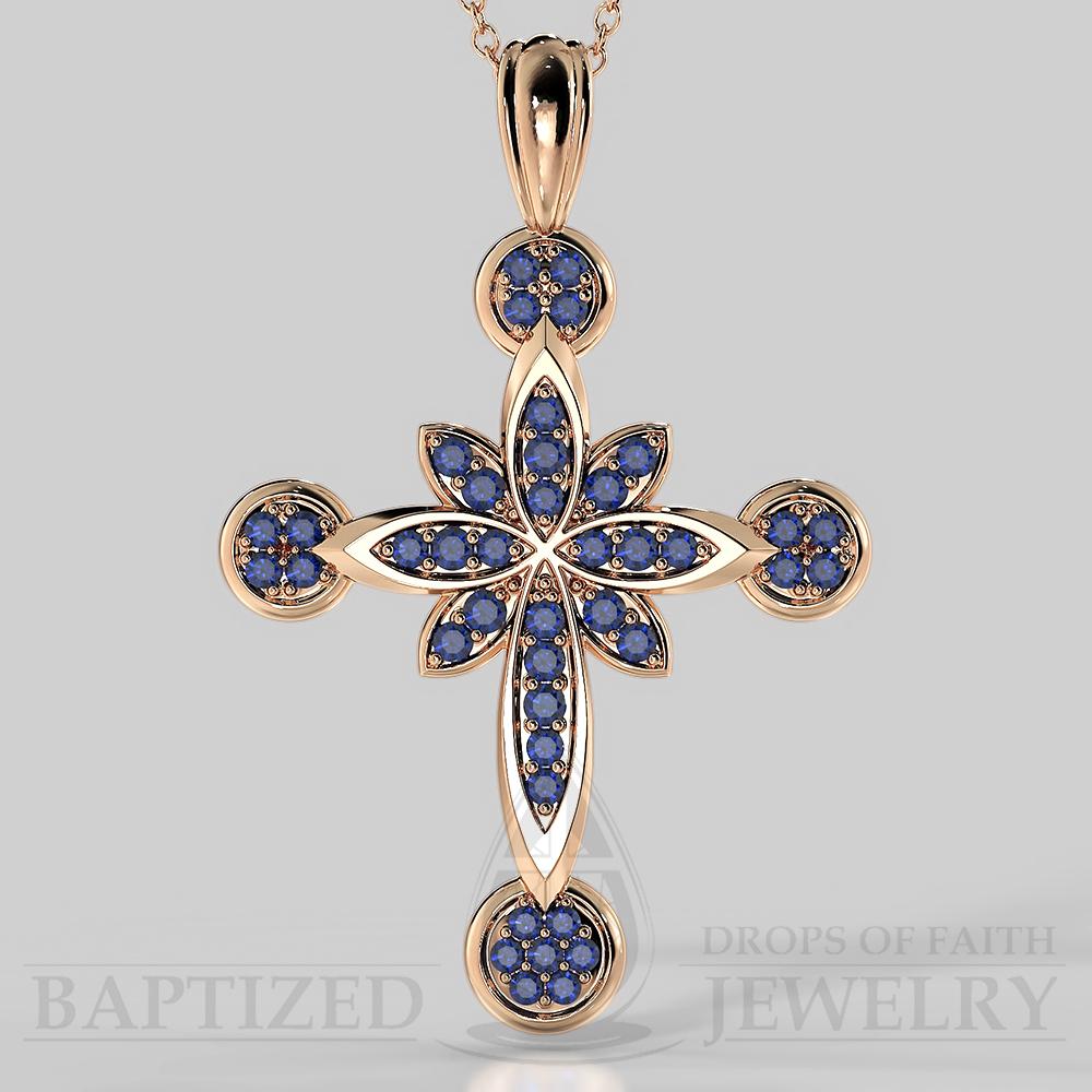 Blue Sapphire Flower Cross Pendant In 14K Gold (0.52 Ctw) - 14K Rose Gold