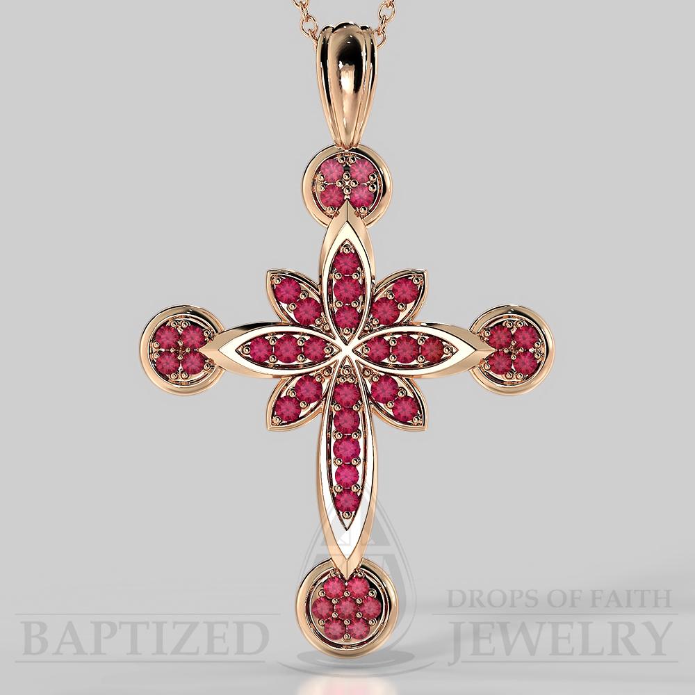Ruby Flower Cross Pendant In 14K Gold (0.52 Ctw) - 14K Rose Gold