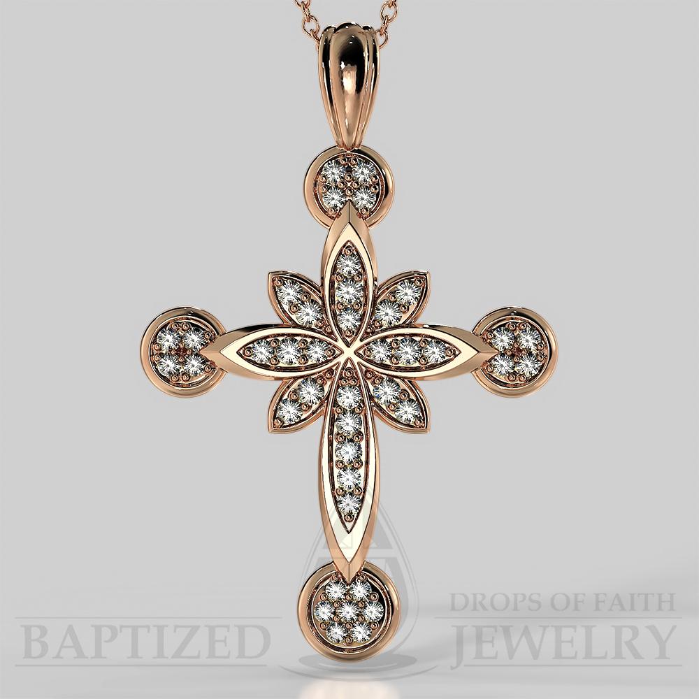 Natural Diamonds Flower Cross Pendant In 14K Gold (0.46 Ctw) - 14K Rose Gold